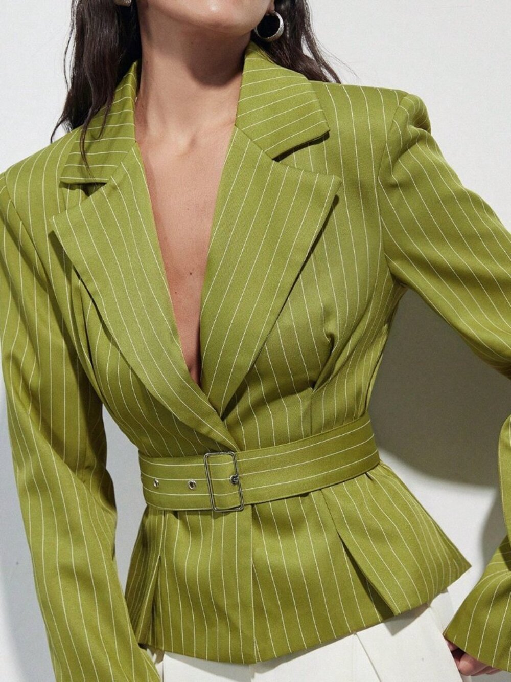 Green Elegant Chic Women's Work Blazer Jacket, Pinstripe, Adjustable Belt - Picture 4 of 7